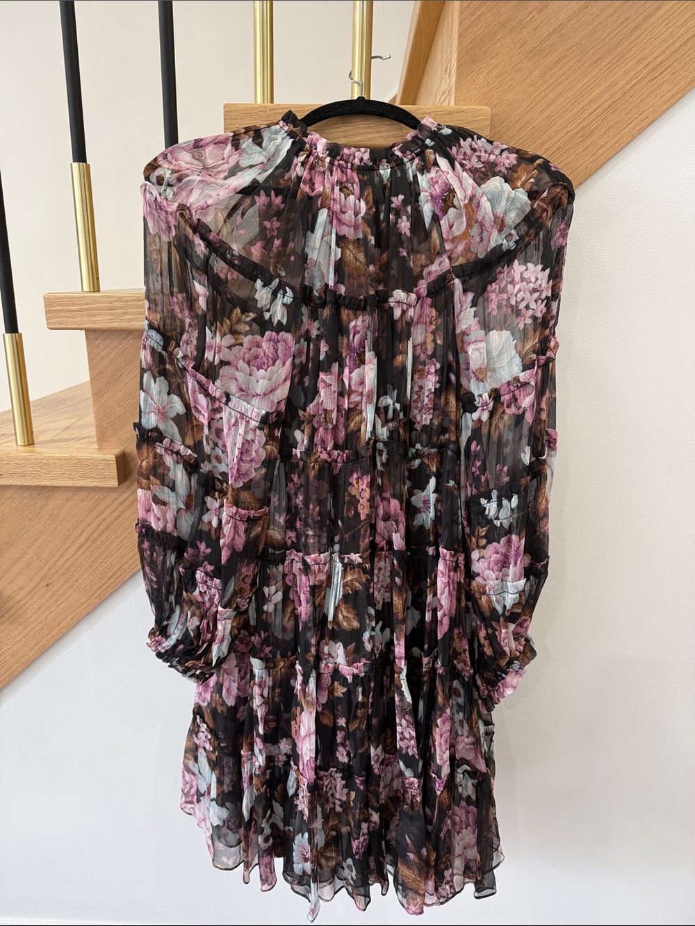 Zimmermann Black Floral Tiered Long-Sleeve Mini Dress